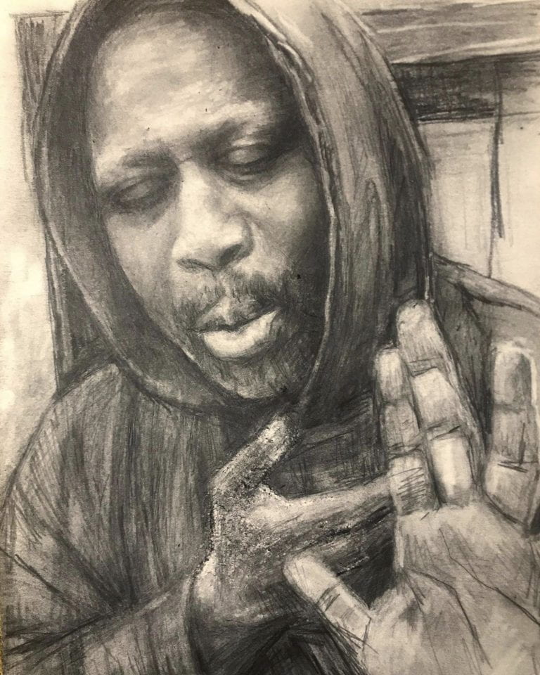 pencil drawing of Shodekeh in a hoodie sweatshirt